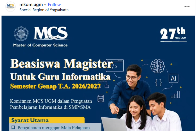 Beasiswa S2 Computer Sciences di UGM untuk Guru Informatika, Potongan UKT 50 sampai 100 Persen