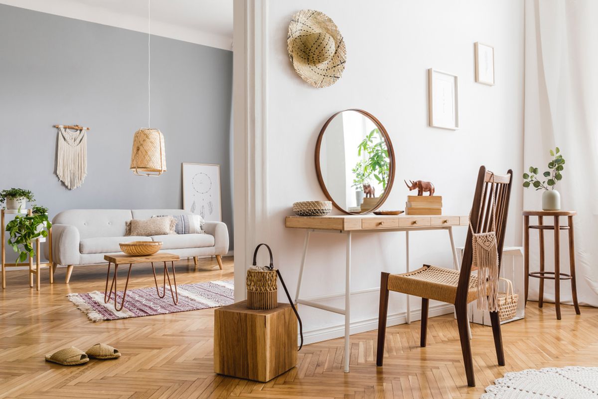 Ilustrasi interior rumah bergaya paduan minimalis dan boho chic. 