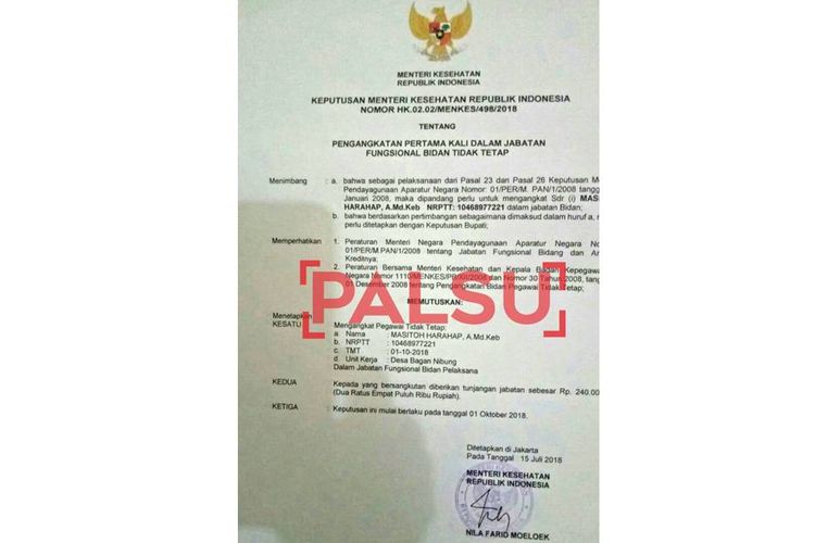 Surat Keputusan Menteri Palsu yang beredar di masyarakat.