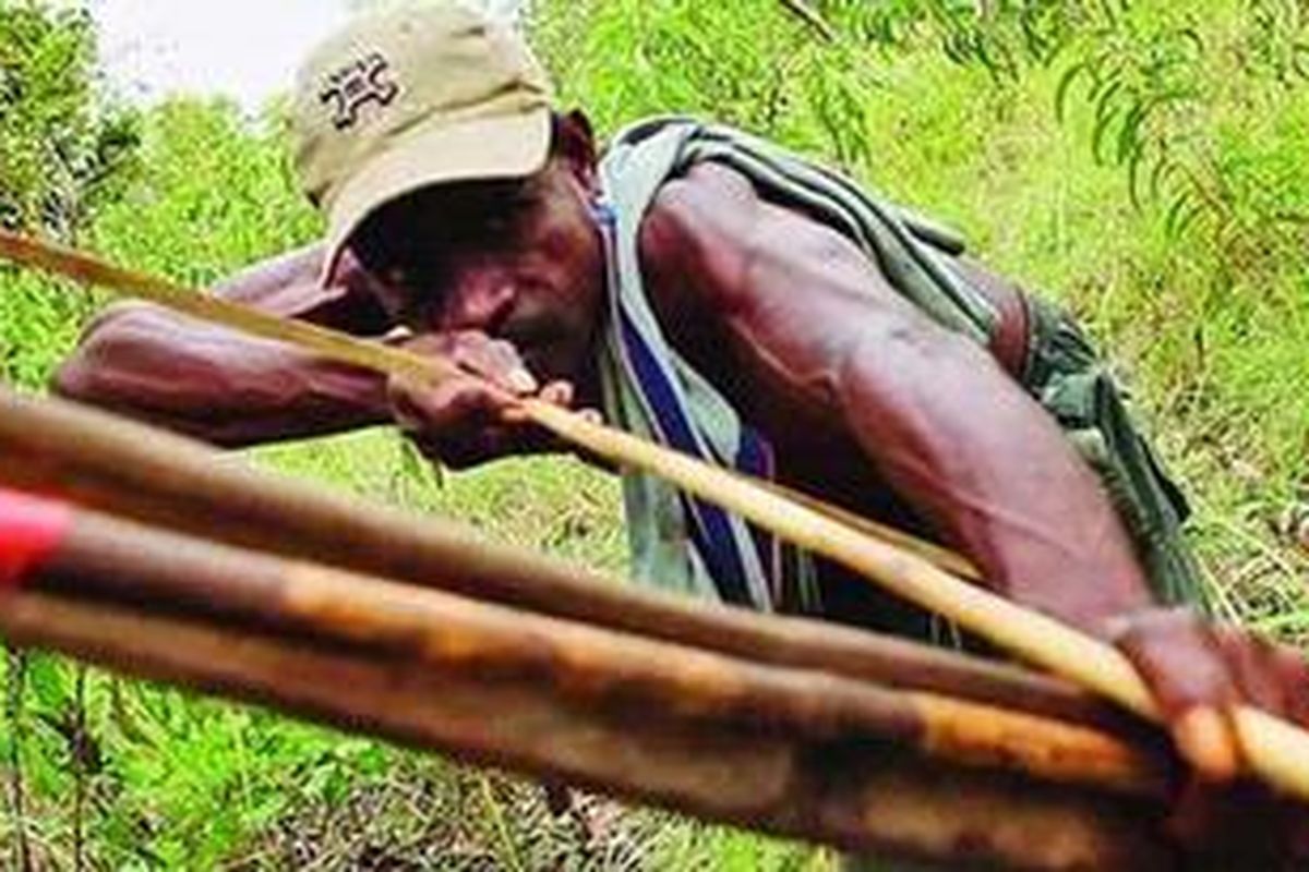 Warga Rawa Biru, Merauke, Papua, Minggu (10/4/2011), menarik busur panah saat berburu di sebuah kawasan hutan yang terletak tidak jauh dari garis perbatasan negara RI-Papua Niugini.