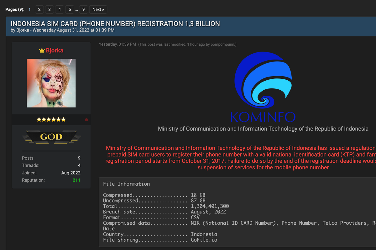 Data 1,3 miliar nomor seluler pengguna di Indonesia diduga bocor dan dijual Rp 745 juta di forum online.