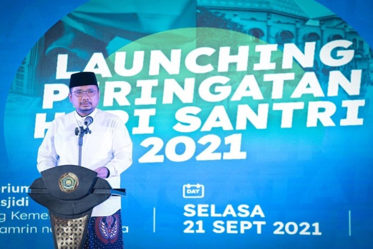 Menteri Agama (Menag) Yaqut Cholil Qoumas di peringatan Hari Santri 2021 yang mengusung tema Santri Siaga Jiwa Raga.