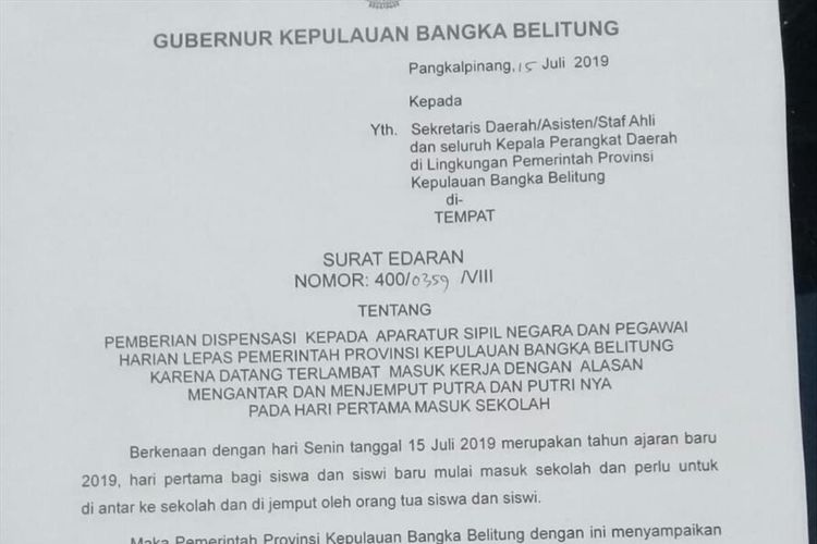 Surat edaran Pemprov Kepulauan Bangka Belitung terkait dispensasi bagi pegawai yang mengantar anak sekolah.