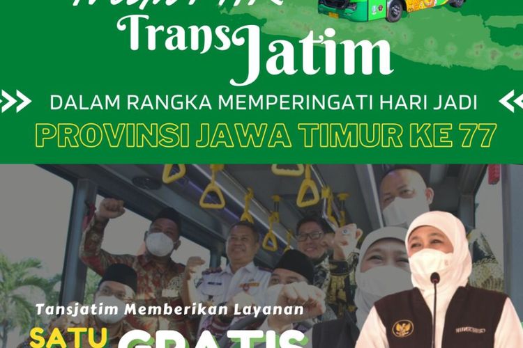 Pemprov Jatim menggratiskan bus Trans Jatim selama sehari untuk memperingati HUT Provinsi Jatim yang ke-77 pada Rabu (12/10/2022).
