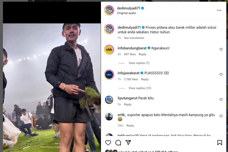 
Dalam sebuah unggahan di akun Instagram Gubernur Jawa Barat, Dedi Mulyadi @dedimulyadi71, pada Senin (26/5/2025), terlihat sejumlah oknum Bobotoh, julukan suporter Persib, melakukan aksi perusakan.
