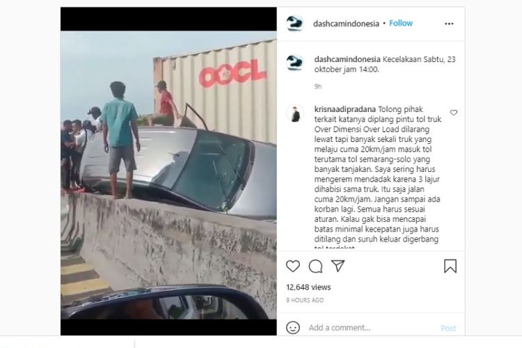 Kecelakaan truk trailer yang membawa kontainer tidak kuat menanjak di Tol Banyumanik hingga menyebabkan kecelakaan