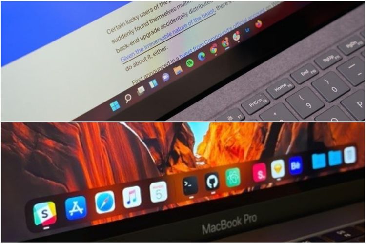 Perbandingan tampilan task bar di Windows 11 (atas) dengan tampilan dock di macOS (bawah).