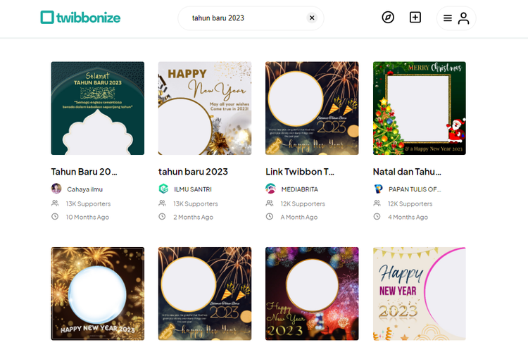 tangkapan layar beberapa contoh foto twibbon bertema Tahun Baru 2023 di situs twibbonize.com