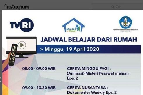 Jadwal Belajar dari Rumah, Minggu 19 April 2020 di TVRI