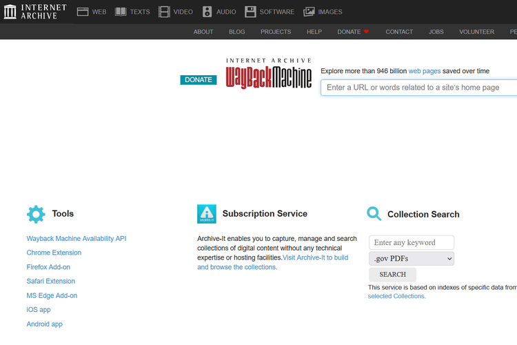 Tampilan layanan Wayback Machine dari Internet Archive.