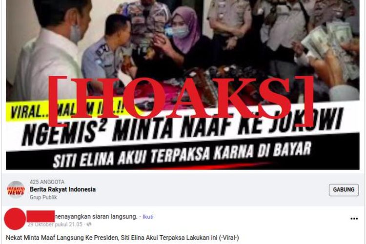 Hoaks Siti Elina ingin bertemu dan minta maaf langsung kepada Jokowi
