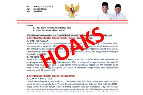 [HOAKS] Surat Berisi Susunan Kabinet Jokowi-Ma'ruf Amin