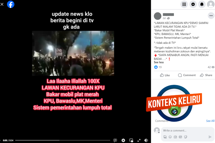 Tangkapan layar konten dengan konteks keliru di sebuah akun Facebook, Rabu (28/2/2024), soal kerusuhan di KPU, Bawaslu, dan kementerian.