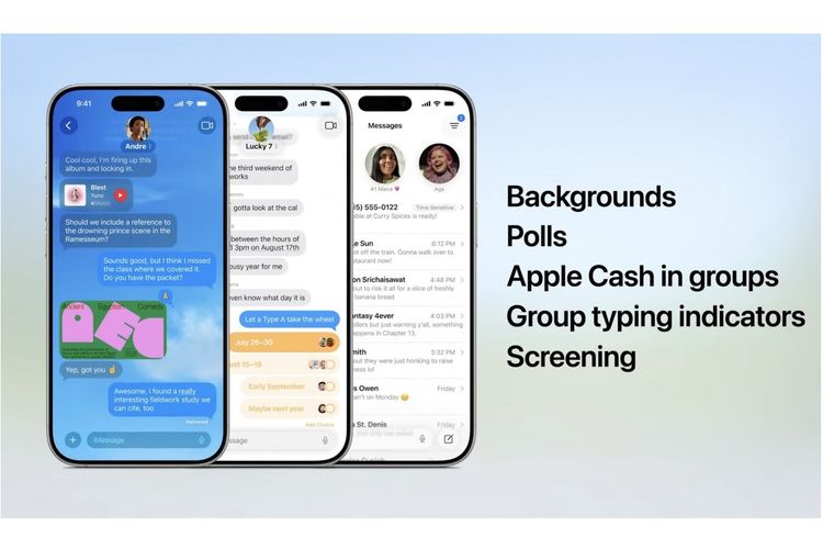 Fitur baru di aplikasi Messages. Pengguna juga bisa membuat polling langsung dalam percakapan, dan sistem akan menyarankan membuat polling jika mendeteksi diskusi yang membutuhkan keputusan bersama. Di grup chat, kini ada indikator saat anggota sedang mengetik.