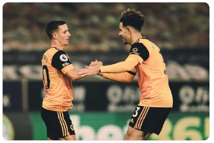 Daniel Podence (kiri) dan Rayan Ait Nouri merayakan gol pada laga Wolves vs Crystal Palace pada laga lanjutan Liga Inggris 2020-2021, di Molineux Stadium, Jumat (30/10/2020) atau Sabtu dini hari WIB.