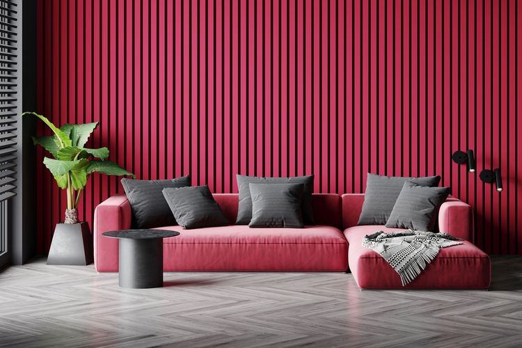 Ilustrasi ruangan yang dicat dengan warna viva magenta