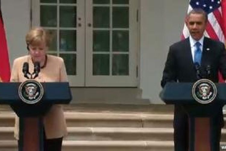 Presiden Obama dan Kanselir Jerman Angela Merkel saat melakukan konferensi pers bersama di Gedung Putih
