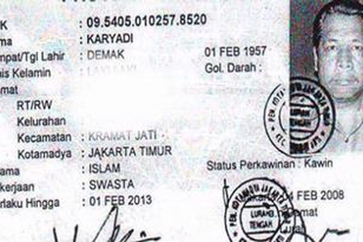 Fotokopi KTP Karyadi yang diduga korban mutilasi di depan Pasar Induk, Kramat Jati, Jakarta Timur.