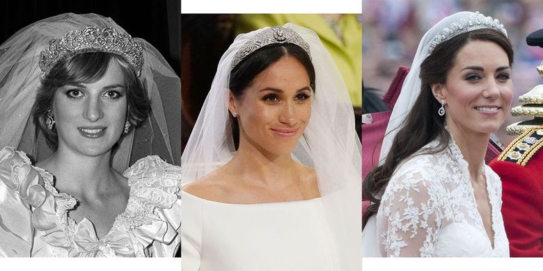 Gaun pengantin Putri Diana, Meghan Markle, dan Kate Middleton.