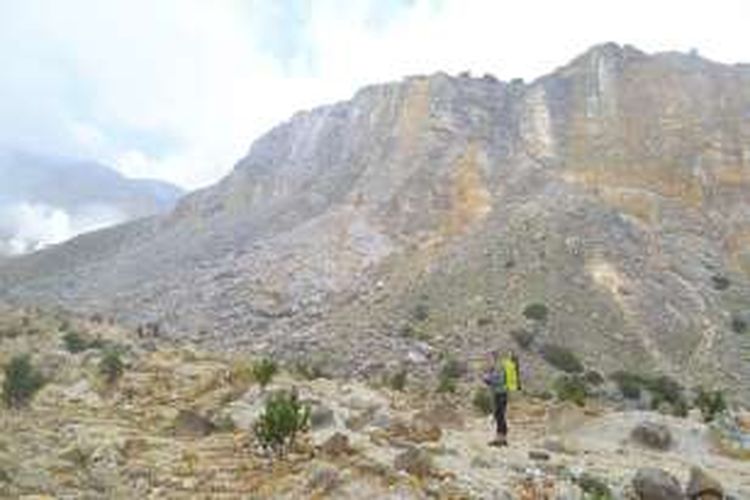 Tebing menjulang tinggi di sisi kanan ketika mulai memasuki daerah kawah Gunung Papandayan, Garut, Jawa Barat, Minggu (21/2/2016).