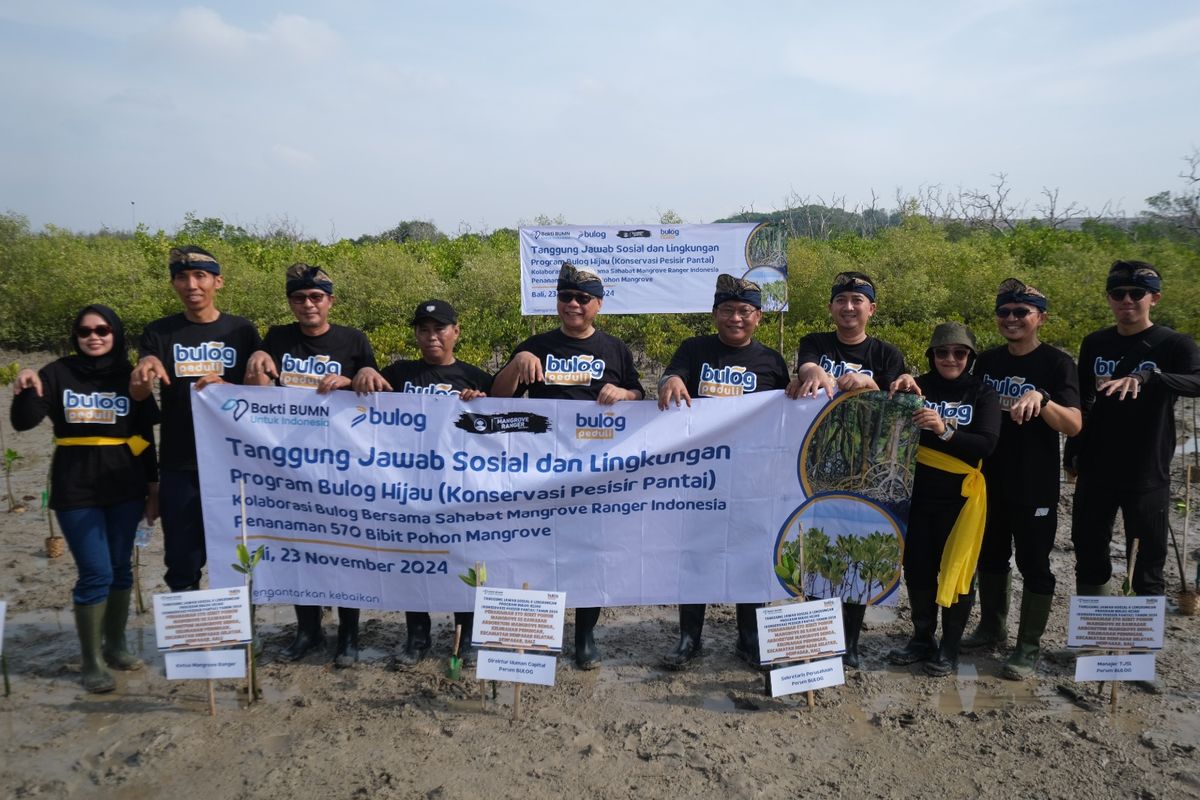 Direktur Human Capital Perum Bulog Sudarsono Hardjosoekarto saat menghadiri agenda penanaman 570 bibit pohon mangrove bersama Sahabat Mangrove Ranger Indonesia  di kawasan Arboretum Mangrove Benoa, Kelurahan Pedungan, Kecamatan Denpasar Selatan, Bali, Sabtu (23/11/2024). 
