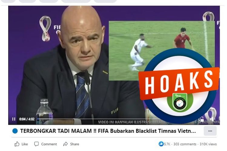 Tangkapan layar Facebook narasi yang menyebut FIFA mencoret Vietnam dari keanggotaan karena mencurangi Palestina