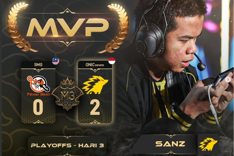 Perolehan skor pertandingan antara Team SMG dengan Onic Esports di babak playoff hari ketiga turnamen M3 World Championship.