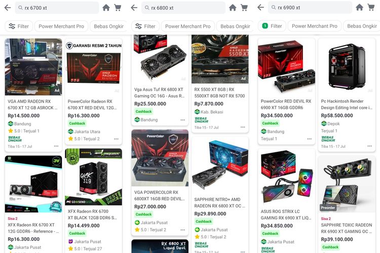 Harga AMD Radeon RX 6000 Series di marketplace di Indonesia.