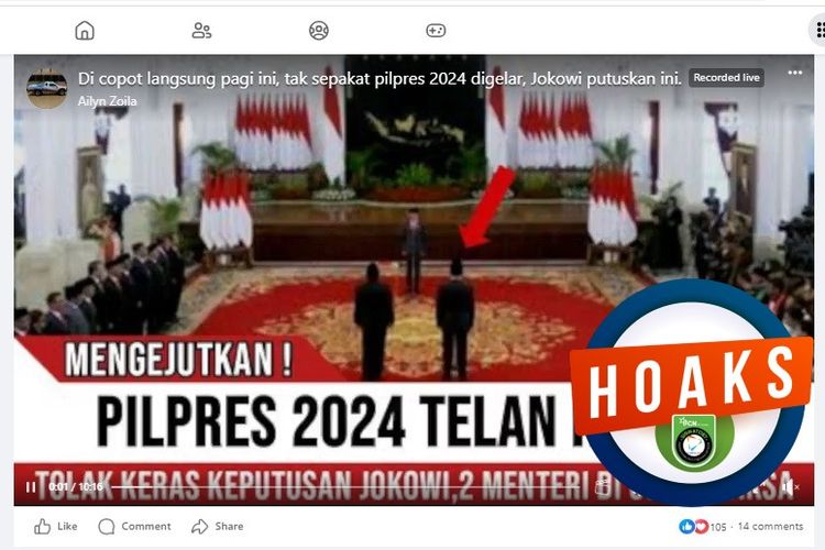 Tangkapan layar Facebook narasi yang menyebut Jokowi mencopot dua orang menteri yang tidak sepakat Pilpres 2024 digelar