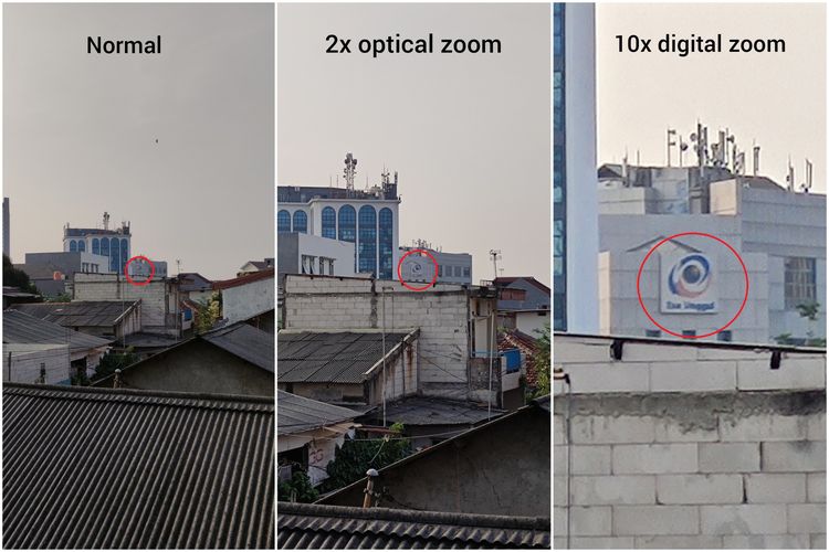 Hasil foto Poco F2 Pro menggunakan mode normal (kiri), 2x optical zoom (tengah), dan 10x digital zoom (kanan). Bisa dilihat bahwa kamera telefoto ponsel ini mampu menangkap objek dengan detail pada tingkat pembesaran (zoom) 2x. Wajar saja karena hingga 2x, kamera menggunakan metode pembesaran optis (optical). Sementara untuk zoom 10x, ponsel mengandalkan teknologi AI untuk memberikan efek zoom digital. 