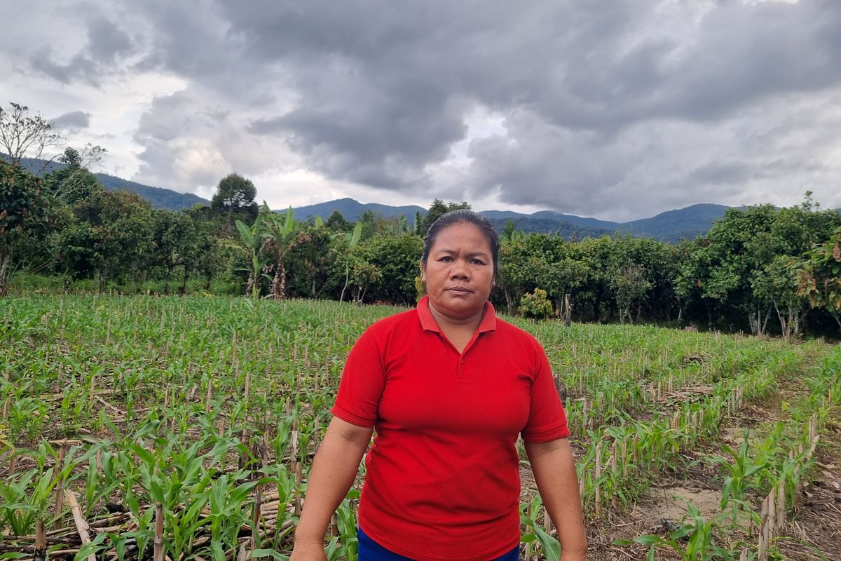 Eta Dewysamentara berfoto i ladang jagungnya yang terletak di Desa Hanggira, Kecamatan Lore Tengah, Kabupaten Poso, Sulawesi Tengah (Sulteng), Sabtu (1/6/2024).