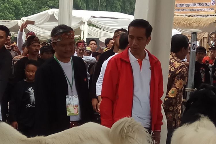 Presiden Joko Widodo berkeliling ke stand-stand pameran hewan ternak usai hadir dan memberikan sambutan dalam kegiatan Jambore Peternakan Nasional 2017 di bumi perkemahan dan graha wisata Cibubur, Jakarta Timur. Minggu (24/9/2017).