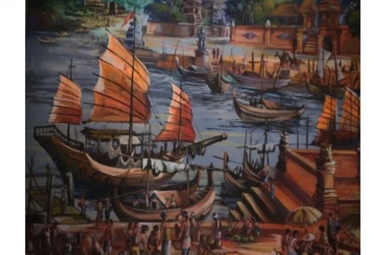 Ilustrasi Pelabuhan Canggu di Mojokerto, pelabuhan utama Kerajaan Majapahit yang menjadi pusat perdagangan.