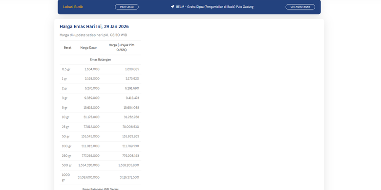 Tangkapan layar laman resmi Logam Mulia yang menunjukkan harga emas Antam hari ini, Kamis (29/1/2026) per pukul 08.30 WIB. Harga emas Antam hari ini. Harga Antam hari ini.