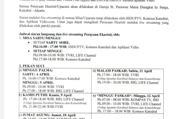 Jadwal misa online dan live streaming masa prapaskah 2020 yang dikeluarkan oleh Keuskupan Agung Jakarta (KAJ) 