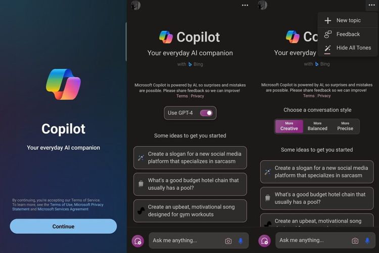 Ilustrasi tampilan aplikasi Microsoft Copilot di Android.