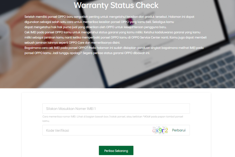 Ilustrasi cek garansi Oppo melalui website. Cara cek garansi Oppo bisa dilakukan secara online dan offline. Cek garansi Oppo online bisa melalui website dan aplikasi My Oppo. 