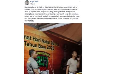 Tangkapan layar dari sebuah unggahan yang menyebutkan bahwa terdapat satu anggota keluarga diusir saat berteduh di Pos Penagamanan Polisi di Surabaya pada Sabtu (21/12/2019).