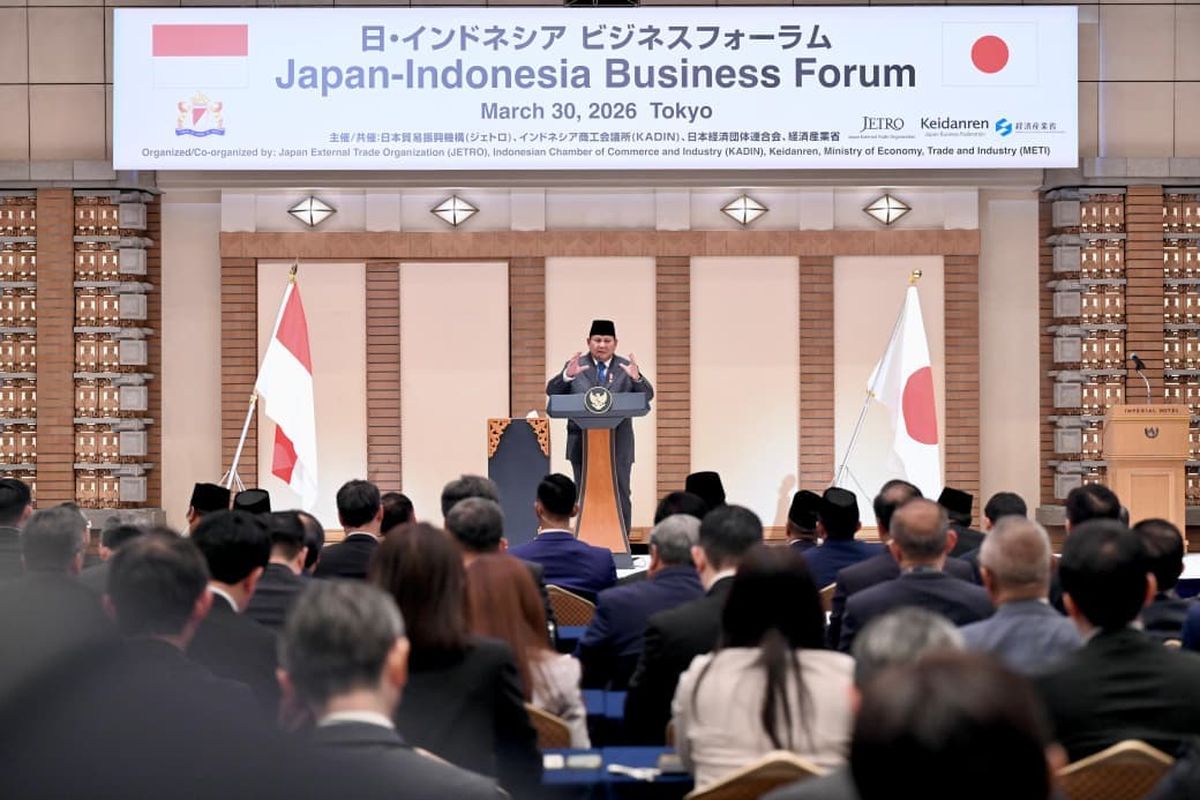 Presiden Prabowo Subianto dalam Japan-Indonesia Business Forum di Tokyo, Jepang, Senin (30/3/2026).