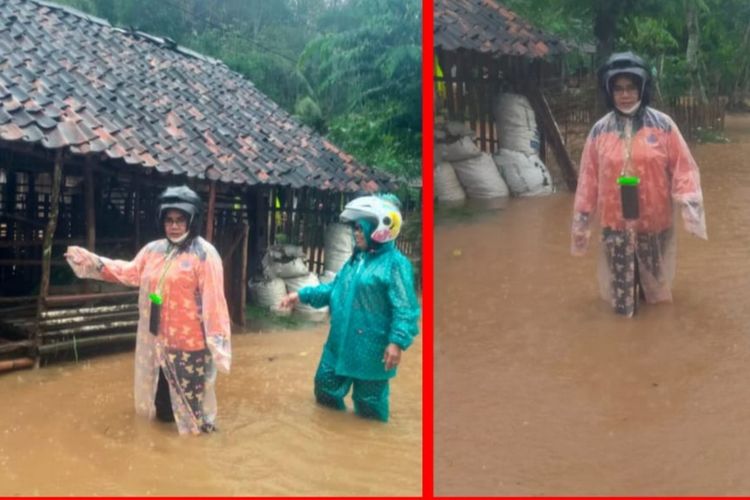 Akses jalan di wilayah Kecamatan Giriwoyo terendam banjir dengan ketinggian mencapai 80 cm pasca hujan deras melanda daerah tersebut, Kamis (11/11/2021). Dampaknya puluhan warga terisolir