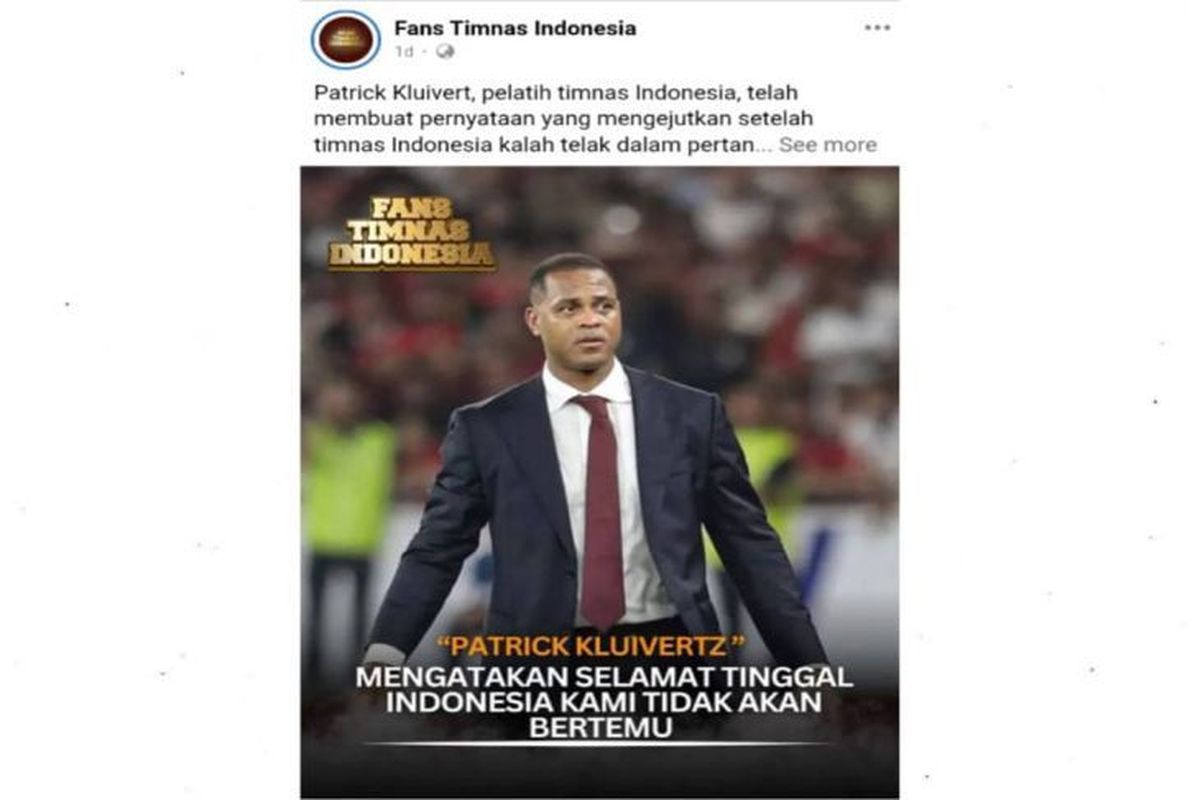 Tangkap layar unggahan Hoaks yang menarasikan Pelatih Patrick Kluivert mengundurkan diri dari Timnas Indonesia setelah kalah 6-0 dari Jepang pada Kualifikasi Piala Dunia 2026 Selasa (10/6).