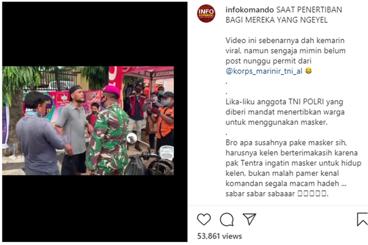 Tangkapan layar video viral anggota Marinir TNI AL nampak adu mulut dengan warga yang enggan untuk gunakan masker.