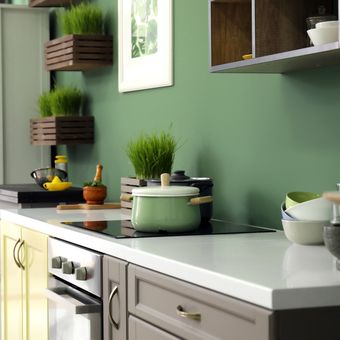 Ilustrasi dinding dapur warna hijau. 