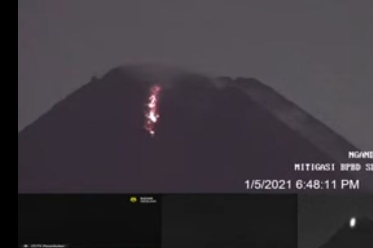 Red hot lava flowing down the slopes of Mount Merapi, as recorded on CCTV Tuesday, January 5 2021