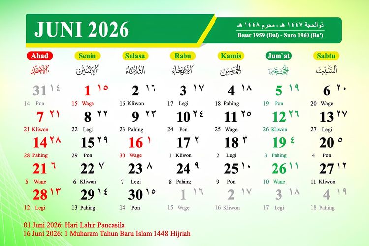 Kalender Juni 2026: Daftar 2 Libur Nasional dan 1 Long Weekend