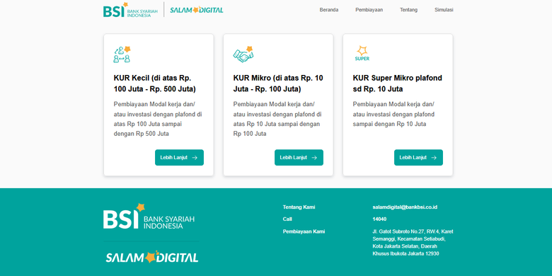 KUR BSI 2026, tangkapan layar laman salamdigital.bankbsi.co.id. Syarat KUR BSI 2026. Tabel KUR BSI 2026. Cicilan KUR BSI.