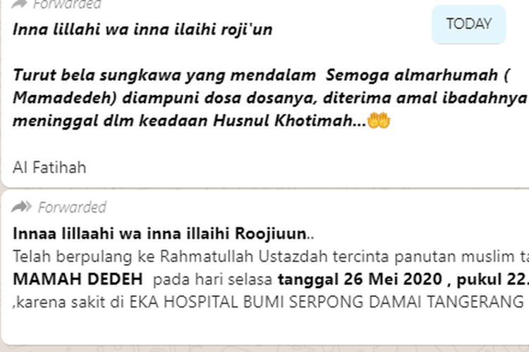 Tangkapan layar pesan berisi kabar meninggalnya Mamah Dedeh yang beredar di aplikasi WhatsApp pada Rabu (27/5/2020).