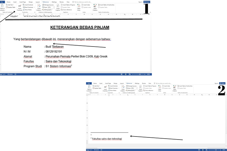 Ilustrasi cara buat footnote di word