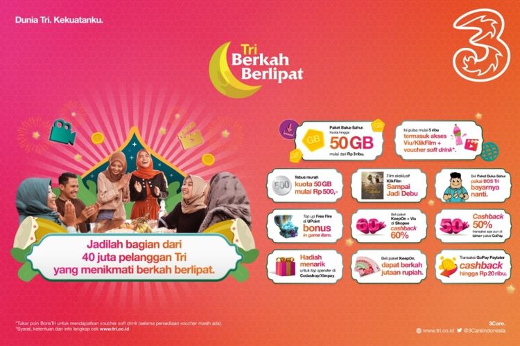 Selama bulan Ramadan, 3 Indonesia hadirkan banyak promo menarik mulai dari kuota terjangkau untuk sahur/buka puasa, tebus murah kuota 50GB mulai dari Rp 500, cashback GoPay, konten streaming eksklusif, dan promo menarik lainnya. 