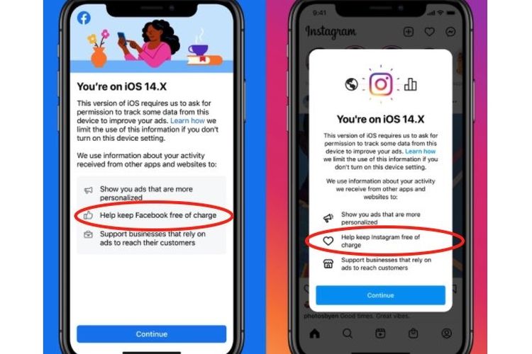 Jendela pop-up di Facebook dan Instagram yang mendorong pengguna agar mereka setuju dilacak.